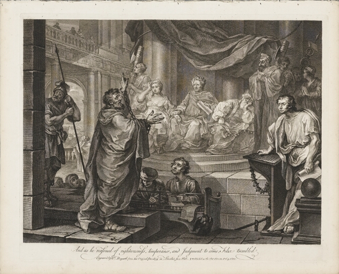 A black and white print of a man with chains around his wrists standing before another man sitting on a platform with other figures. He faces a man standing at a lectern to his right