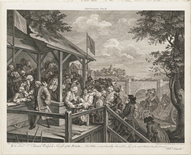 A black and white print of a crowd on an outdoor entryway of a building with flags, with more people arriving. In the background a crowd on a bridge
