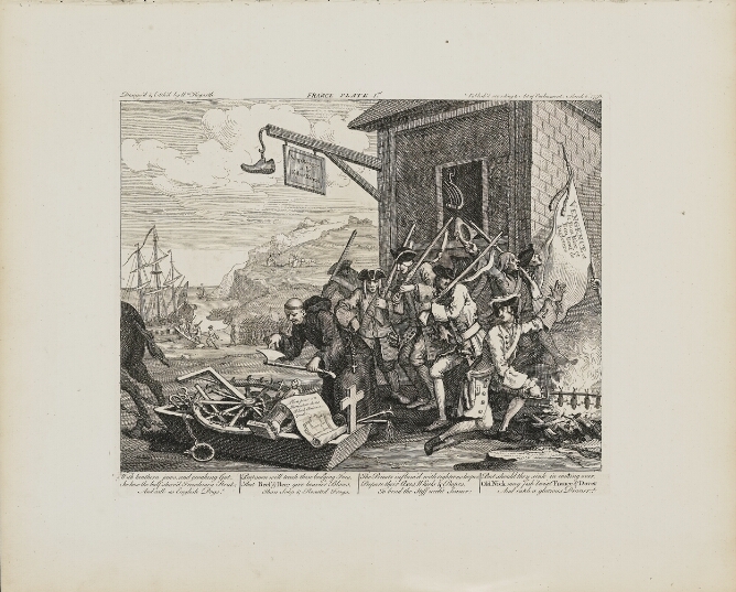 A black and white print of soldiers with rifles standing outside a building behind a robed man touching an axe over a sled filled with objects including a spiked wheel. In the background, figures are forced to board a ship