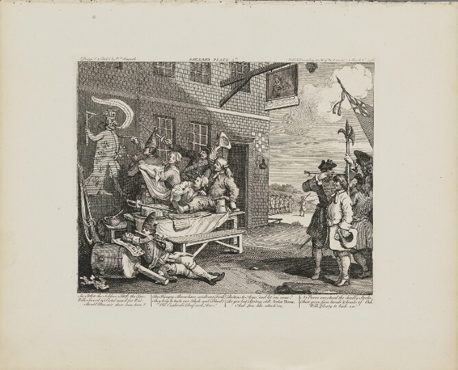 A black and white print of figures lounging on a table outside a building, while a man paints a caricature of a crowned man on the wall. In the foreground, a man plays the flute, while another man standing on his toes is measured by another man