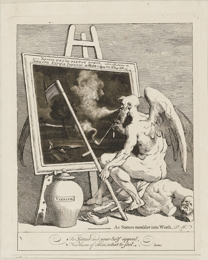 A black and white print of a winged man sitting on a sculpture at an easel, blowing smoke from his pipe onto a dark painting pierced by his scythe. To the viewer's left, a jar labeled varnish