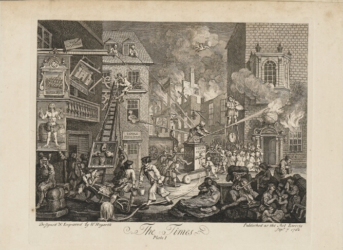 A black and white print of buildings on fire with a firefighter hosing down flames, while a man on stilts pumps bellows to fan them. Women, children and a fiddler sit to the viewer's right
