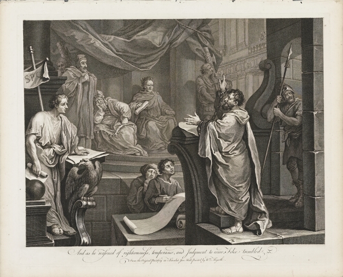 A black and white print of a man with chains around his wrists standing before another man sitting on a platform with other figures. He faces a man standing at a lectern to his left