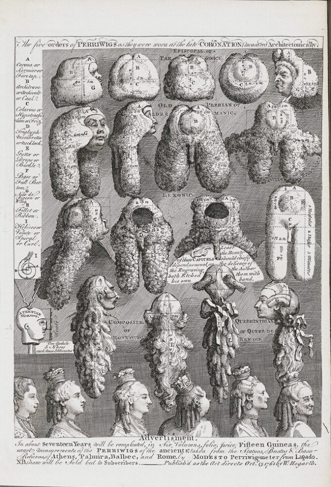 A black and white print of four rows of various wigs. At the bottom, a row of women's heads wearing small crowns