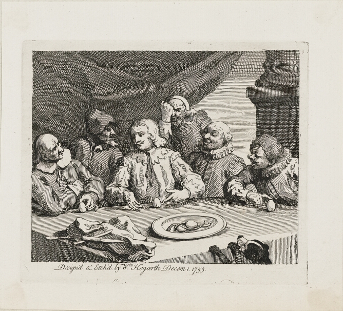 A black and white print of men gathered around a table. A central man points to an upright cracked eggshell in front of him, while two other men hold upright eggs in place
