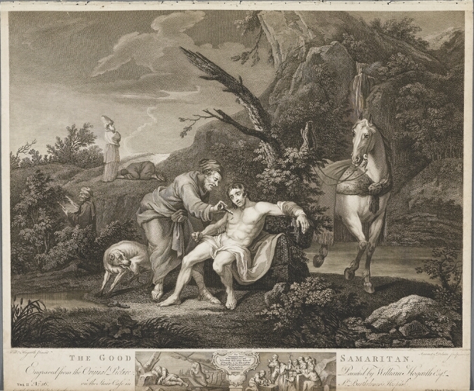 A black and white print of a standing man pouring liquid onto the wounded chest of a man leaning on a tree in a landscape, with a dog and horse standing by them
