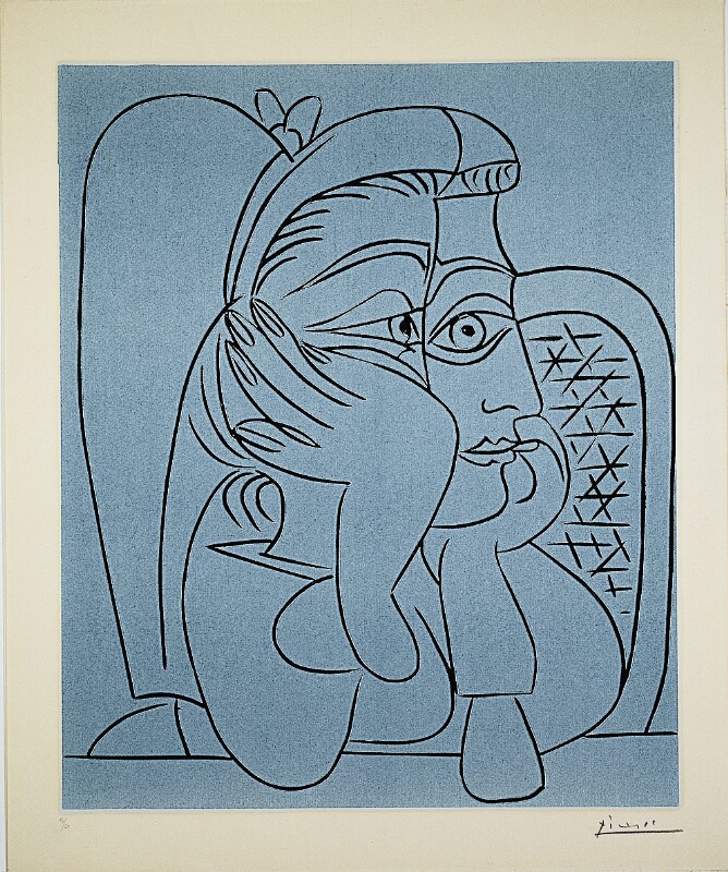 An abstract print illustrated in black line against a light blue background of a woman in a chair with her elbows on a table, her head resting in her hands and looking to the viewer's right