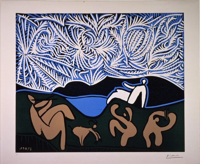 An abstract color print of figures and a goat sitting and dancing in a landscape under a decorative white, blue and black sky, while another figure reclines nearby