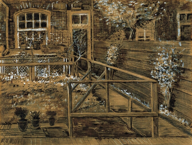 A mixed media drawing of a garden next to a house