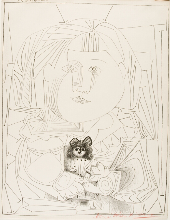 A black and white abstract print of a young girl illustrated with repetitive lines holding a doll whose face is rendered in detail