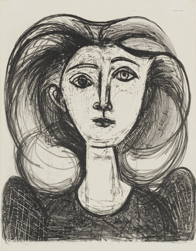 A black and white abstract portrait of a girl shown from the shoulders up, with puffy sleeves and one eye higher than another