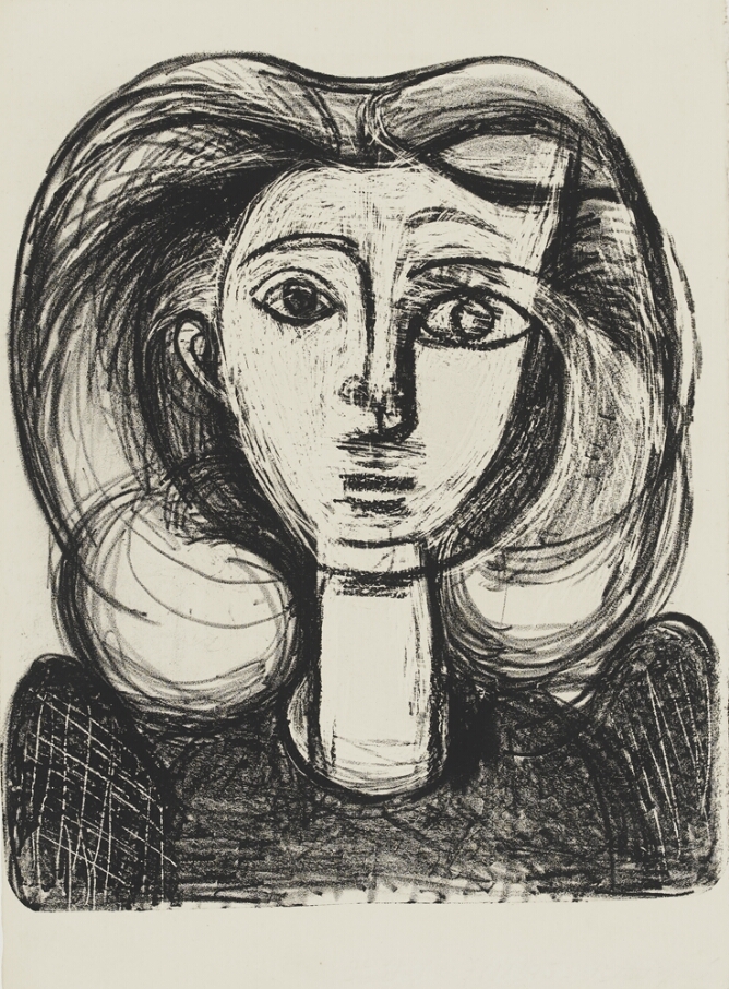 A black and white abstract portrait of a girl shown from the shoulders up, with puffy sleeves. One eye is larger than the other, with traces of an additional eye, nose and lips