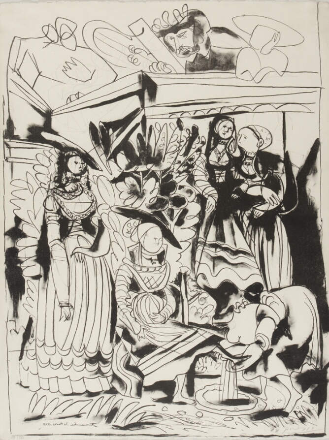 A black and white abstract print of a man peering over a ledge to gaze at a sitting woman whose foot is being washed by another woman, while three other women stand behind them. Areas of black shading throughout the image provide high contrast