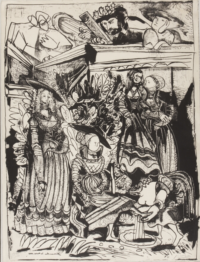 A black and white abstract print of a man with a harp, peering over a ledge to gaze at a sitting woman whose foot is being washed by another woman, while three other women stand behind them
