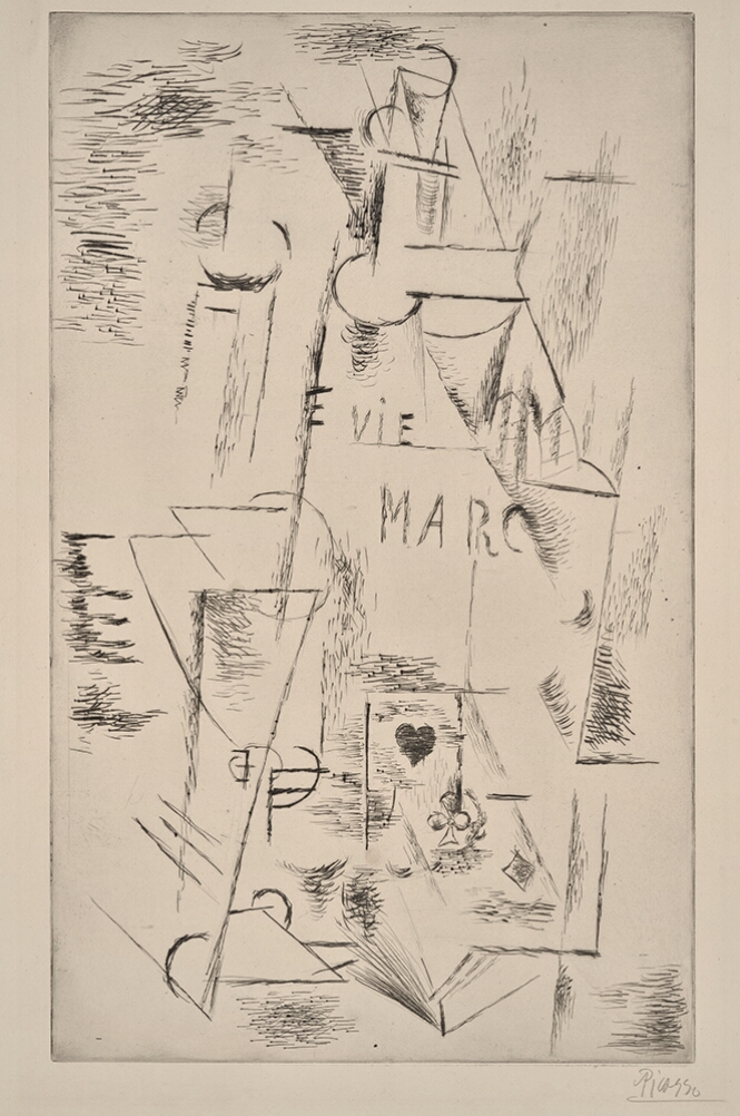 A black and white abstract print of diagonal and curved lines tapering towards the top. In the middle reads VIE MARC and towards the bottom, the playing card symbols of a heart, club and diamond