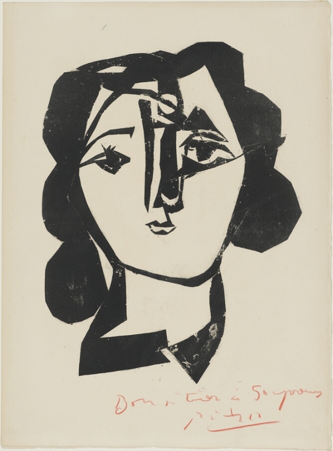 A black and white abstract print of a woman's head and neck