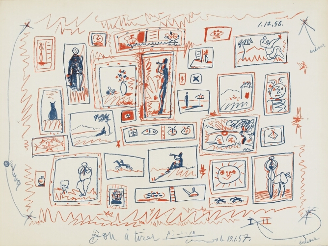 A print of multiple images rendered in sketchy red and blue line arranged in small squares and rectangles within a larger composition. Subjects include figures playing instruments and riding horses