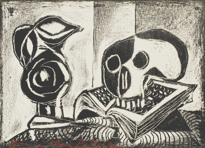 A black and white abstract print of a skull on top of an open book next to a pitcher on a table