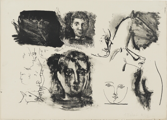 A black and white print featuring sketches of a young boy's head, horses and other heads in profile