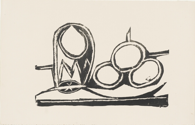 A black and white abstract print of a cup next to three apples on a table