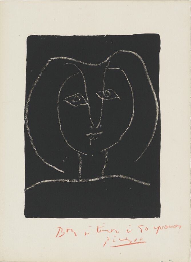 An abstract print of a woman illustrated in minimal white lines, shown from the shoulders up against a black background