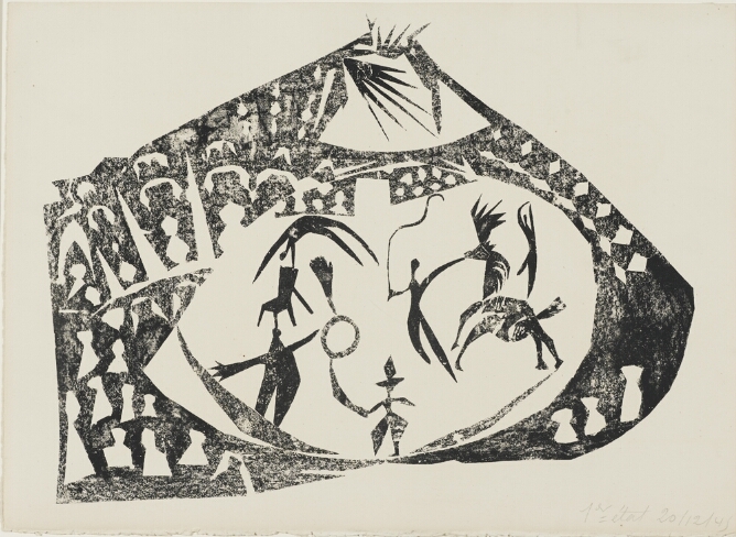 A print featuring black silhouettes of figures and a horse performing in a ring, surrounded by white silhouettes of an audience against a black background