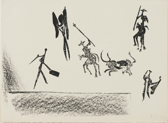 A black and white print featuring silhouettes of standing figures with capes and a sword, and figures on horseback with spears, surrounding a bull