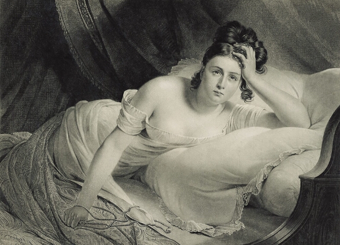 A black and white print of a woman with glistening eyes lying in bed, her head resting on her hand, her bent elbow supporting her, while she grasps a necklace
