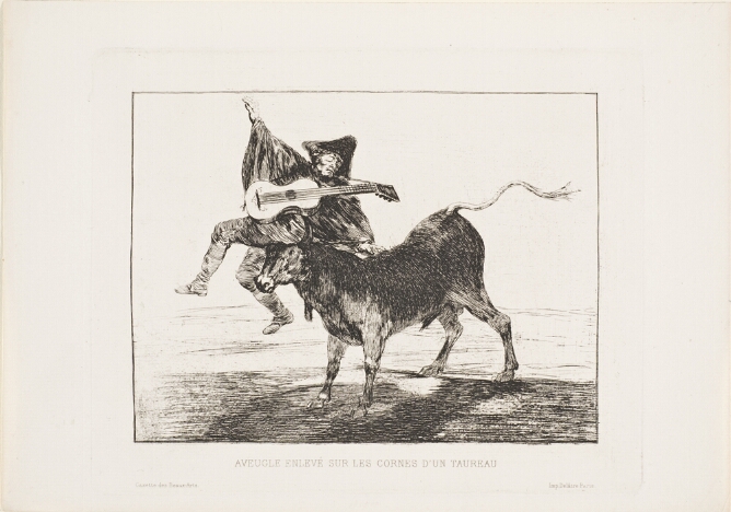 A black and white print of a man with closed eyes and a guitar, sitting and balancing on a standing bull's horns