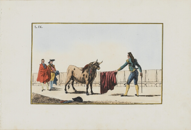 A color print of a standing man with a sword holding out a red cloth on a stick towards a standing bull, while two standing men watch from behind the bull