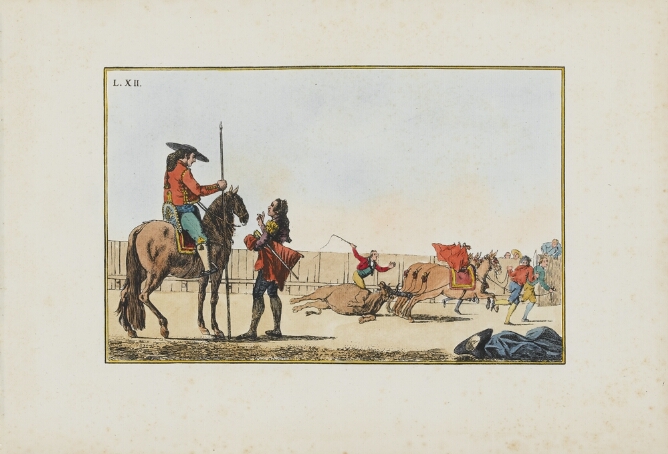 A color print of a bull with tied horns being dragged by three horses led by figures. To the viewer's left, a man on horseback holding a spear engages with another standing figure
