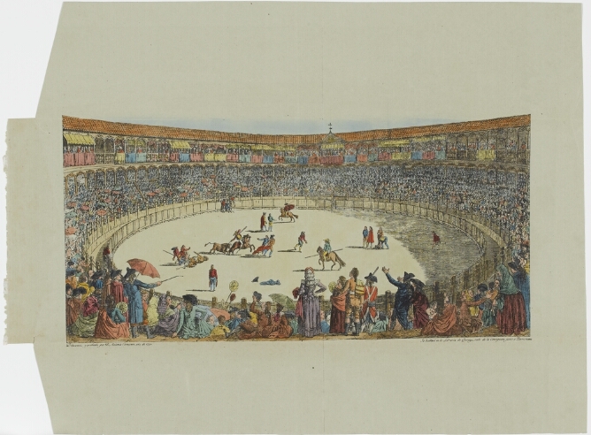 A color print showing a bird's eye view of a bullfight in an arena with a full audience