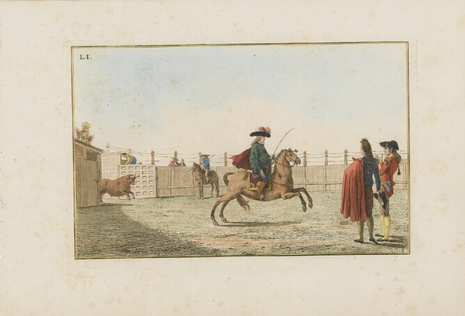 A color print of a man on horseback in a bullring riding to the viewer's right by two standing men, while a bull enters from behind