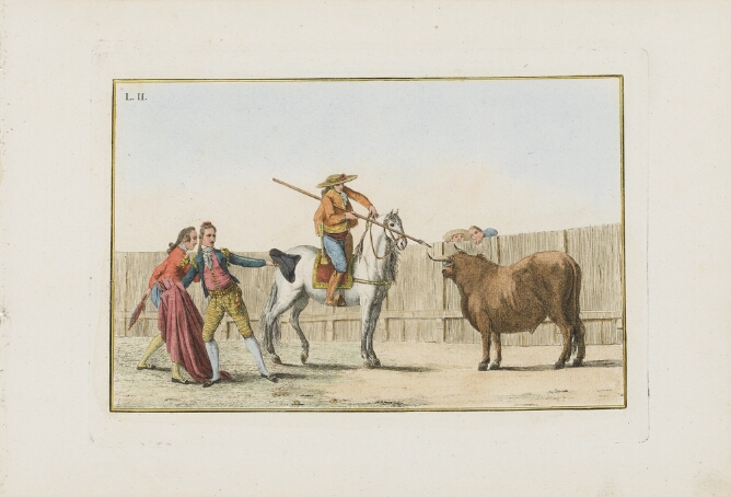 A color print of a man on horseback pointing a spear at a standing bull as figures witness