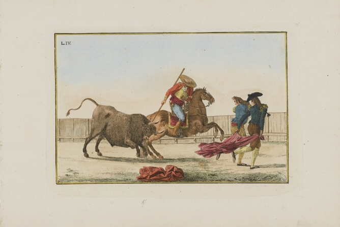 A color print of a man on horseback spearing a charging bull from behind, while a man with a cape runs alongside another man, holding a cape behind him