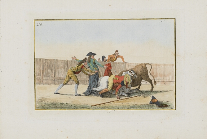 A color print of a man falling off of a horse on the ground as a bull to the side of the horse stands before two standing men with capes