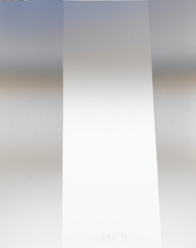 A drawing of a tall white rectangular form fading into a gradient of gray with a mirror-like effect