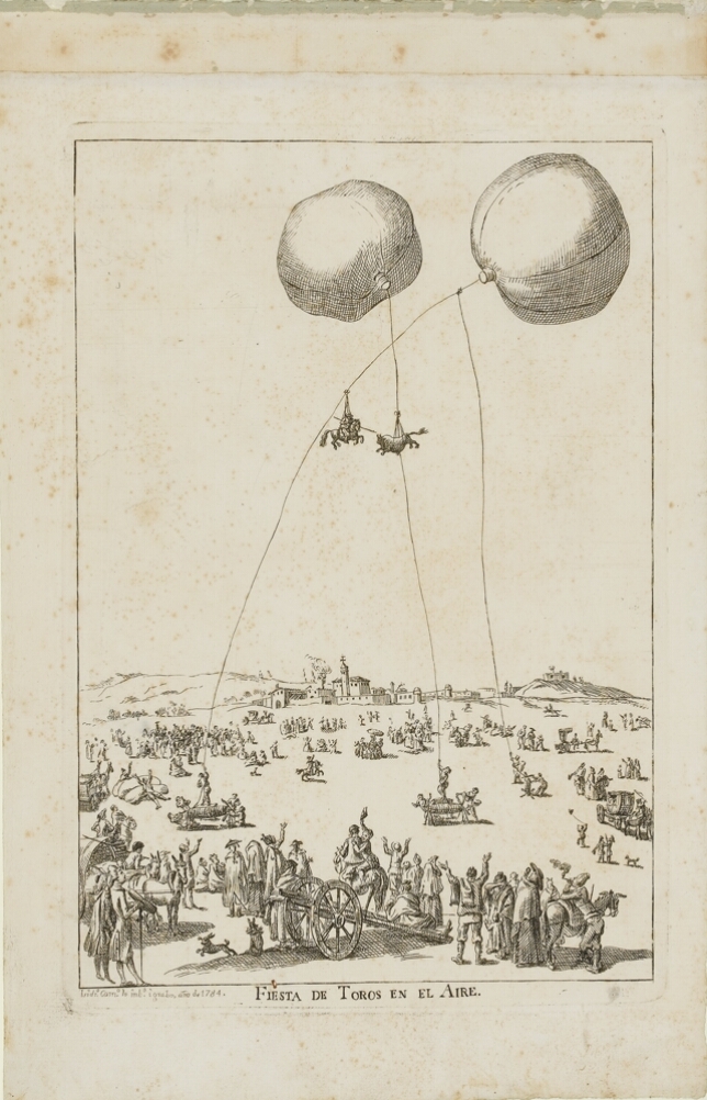 A black and white print featuring a bird's eye view of a bullfight in the air. A figure with a spear on horseback and a bull are tied to two large balloons in the sky, while figures watch from below