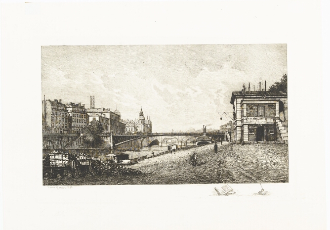 A black and white print featuring a view of bridges over a river connecting two urban areas. In the foreground, figures walk along a path