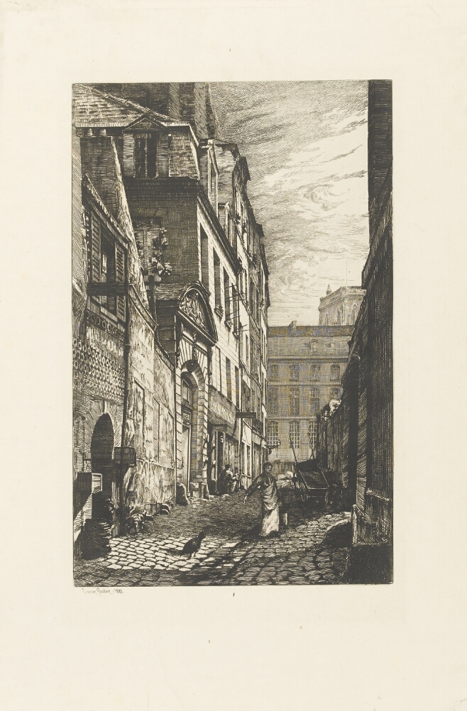 A black and white print of figuring carrying a pail in a cobblestone alleyway with a bird standing in a sunlit area in the foreground