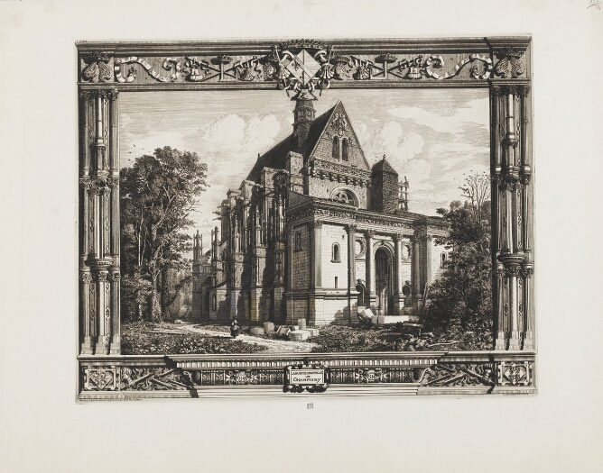 A black and white print of a building with an arched entrance and a tiny figure walking on a path beside it. The scene is framed within an ornate border with a coat of arms on top