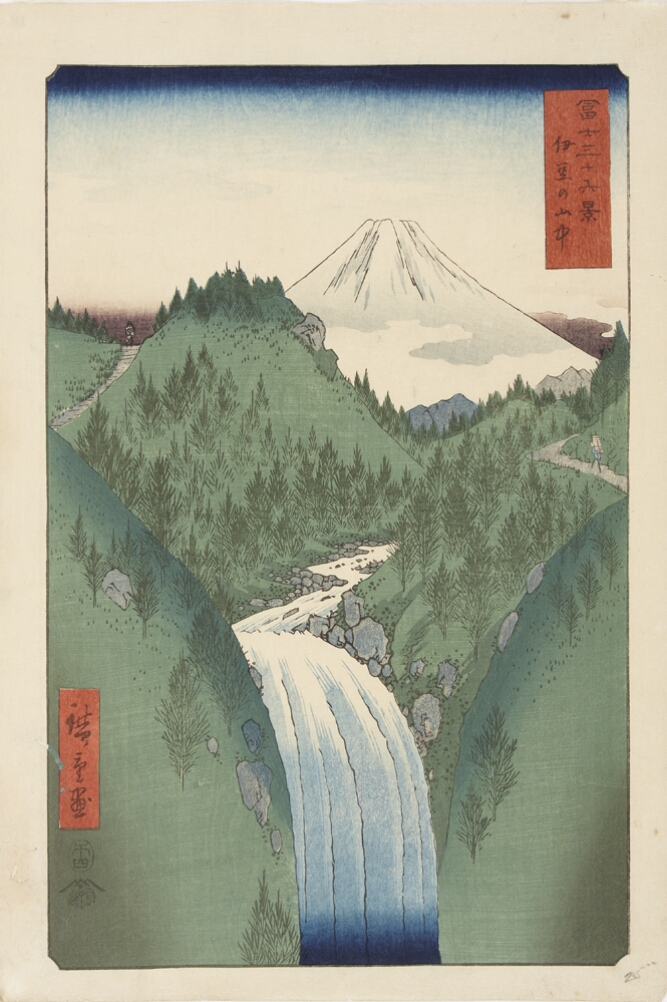 A color print of a white mountain behind green hills and a river flowing through the center, cascading into a waterfall in the foreground
