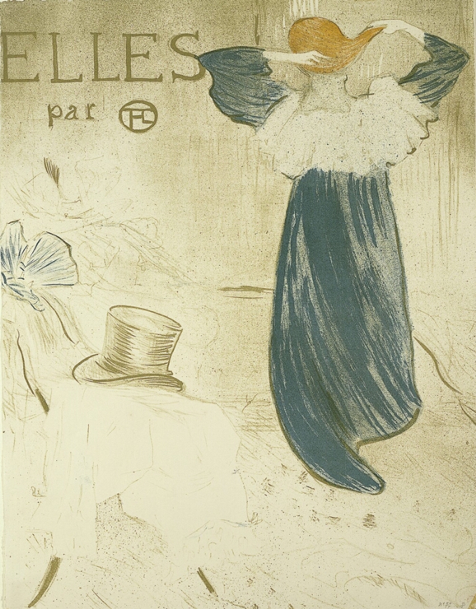 A color print of a standing woman in a dark blue dress with a white collar seen from the back doing her hair. A top hat is on a chair to her left. At the top, the title, "ELLES par" and a monogram