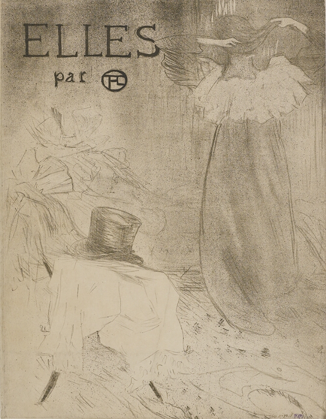A color print of a standing woman in a dress with a white collar seen from the back doing her hair. At the top left, the title, "ELLES par" and a monogram