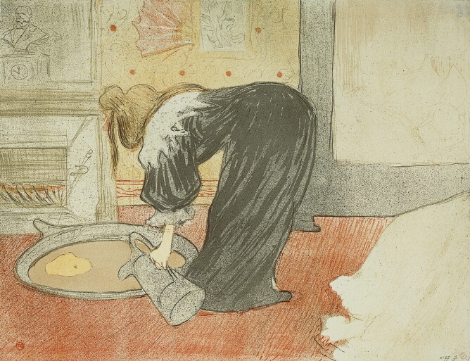 A color print of a standing woman in a black dress and white collar in a room, her face unseen, bending over and pouring water from a jug into a shallow bath