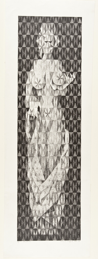An abstract print of a standing nude woman composed of a pattern of small white and gray triangles against a patterned background of black and gray small triangles