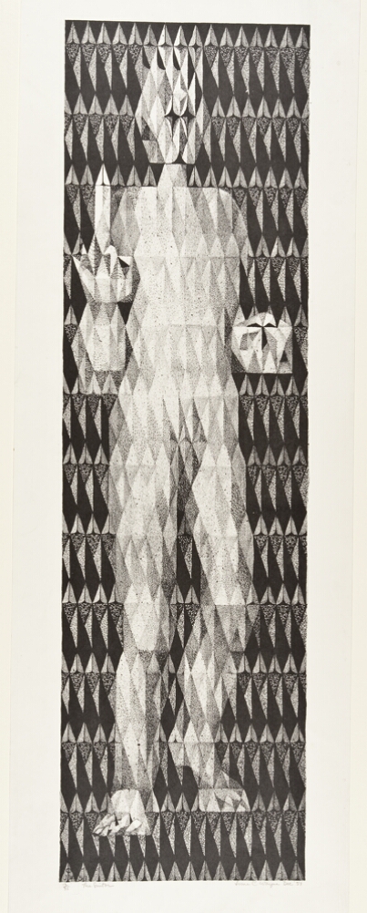 An abstract print of a standing nude man composed of a pattern of small white and gray diamonds set against a patterned background of black and gray diamonds