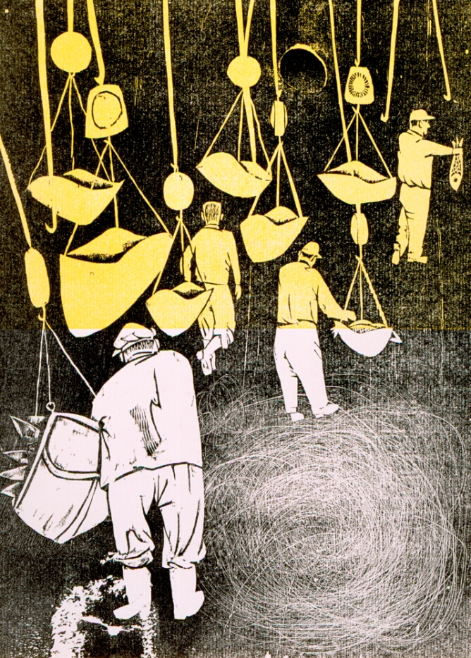 A print of figures seen from the back, holding and weighing fish in large hanging scales in a gradation of yellow to white against a black background