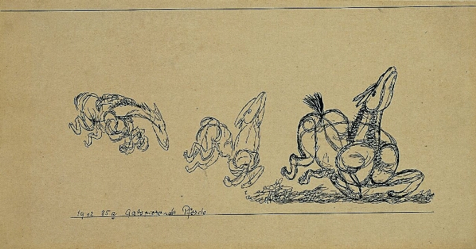 A black and white drawing of three horses charging towards the viewer