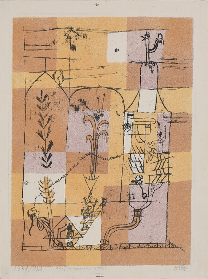 An abstract print featuring a whimsical illustration of a figure standing by a tree with a squiggly line extending from his nose. Figures are on steps with a flower beside a tube-like construction with a clock, set against a patchwork of peach, tan and pink squares